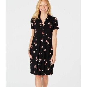 J Jill Womens Pima Cotton Blend Button Front Knit Dress Large Black Floral Print